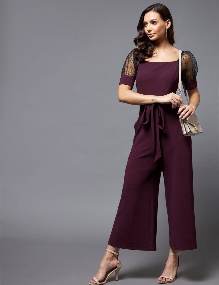 Dark Purple and  Black Crop Solid Jumpsuit