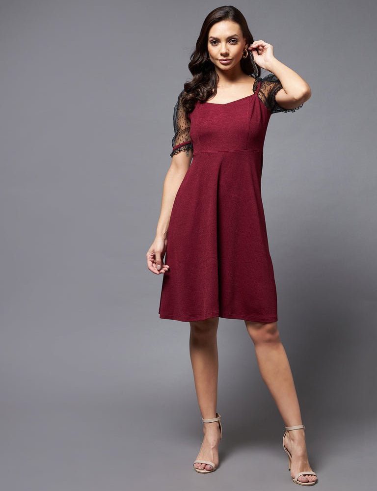 Chic Burgundy Lace Inserts A Line Dress