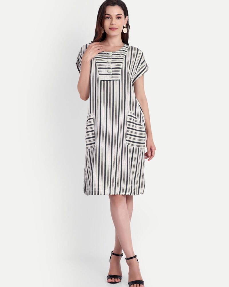 Formal Offwhite and Grey Striped Shift Dress