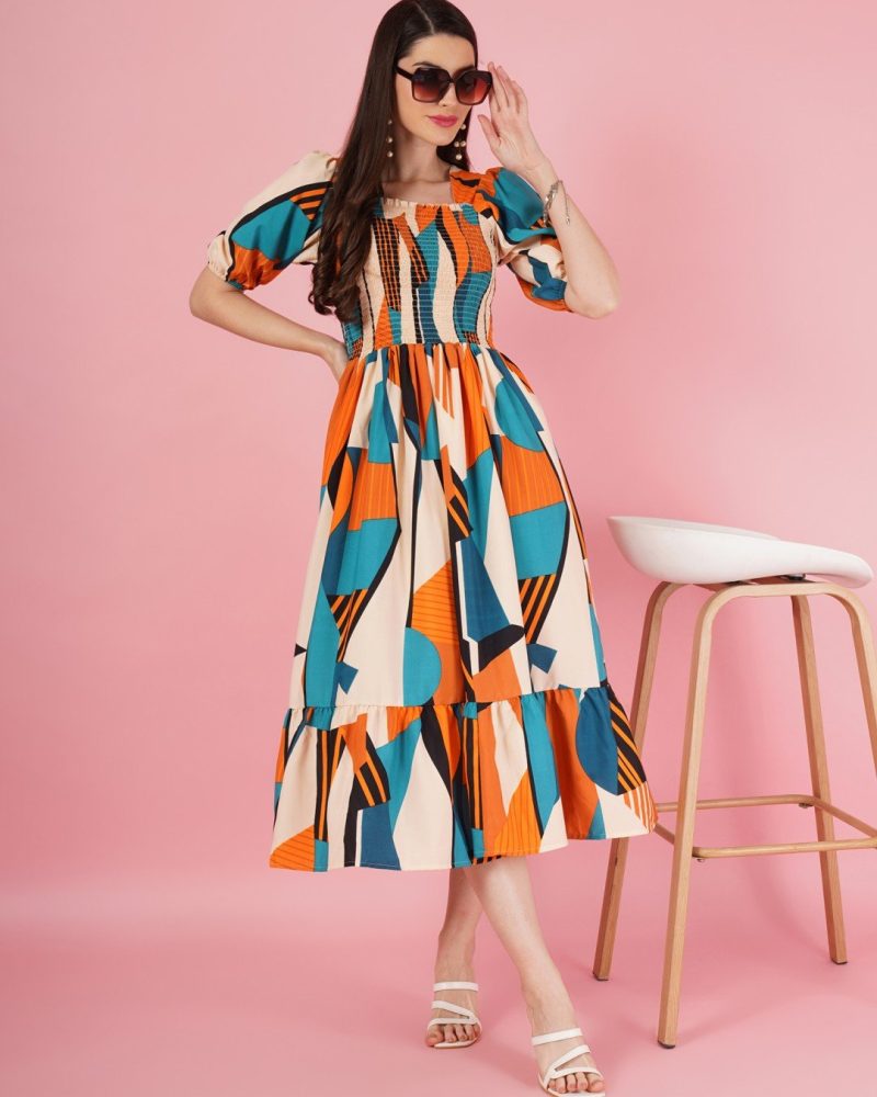 Preppy Blue and Orange Tiered Midi Dress