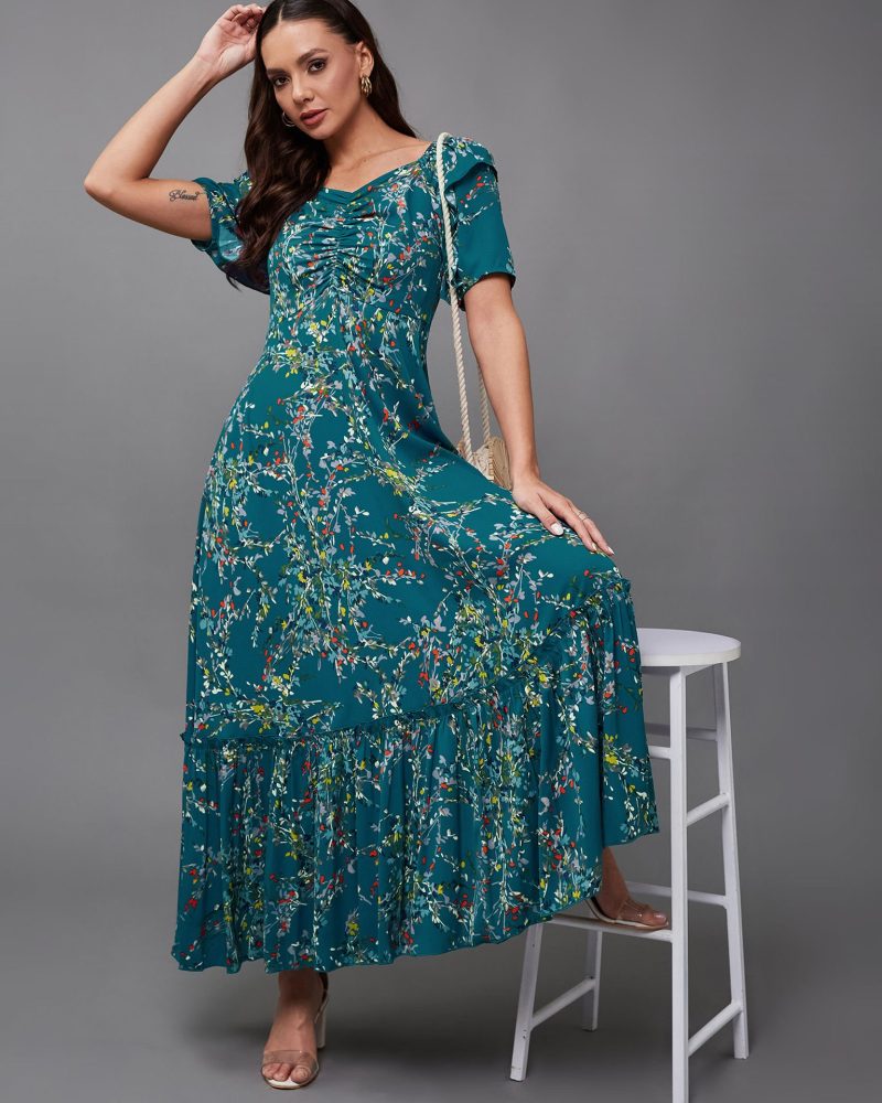 Sensational Turquoise Ruching Maxi Dress