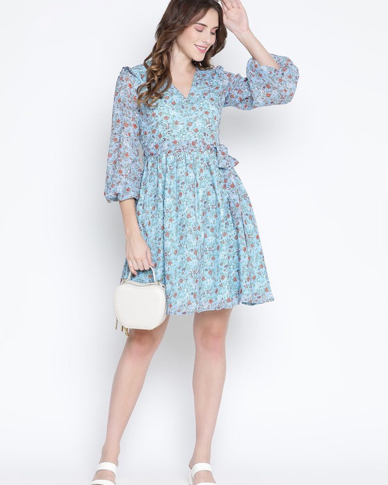 Cheerful Skyblue Fit and Flared Georgette Dress