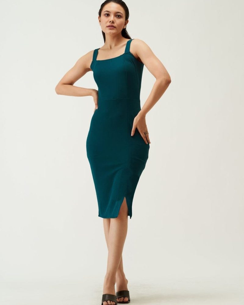 Chic Teal Square Neck Sheath Dress
