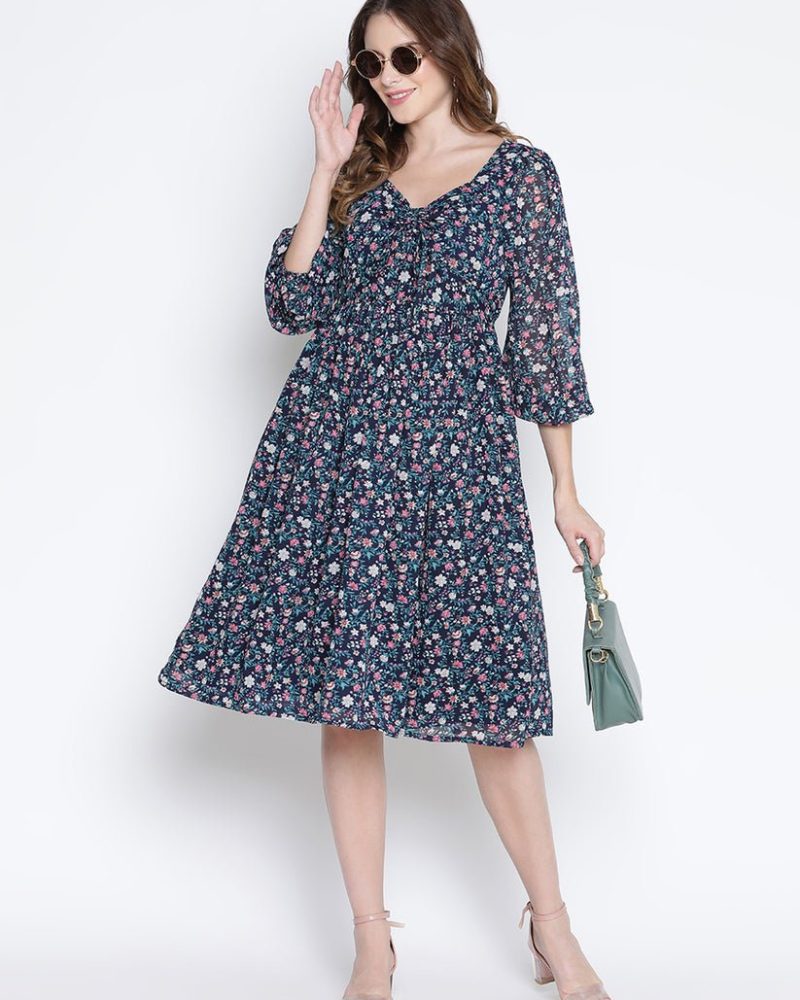 Navy Blue Floral Georgette Bell Sleeves Dress