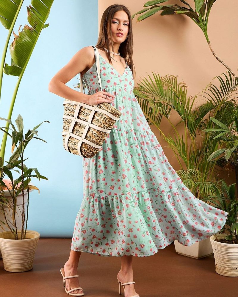 Festive Premium Sea Green Tiered Maxi Dress