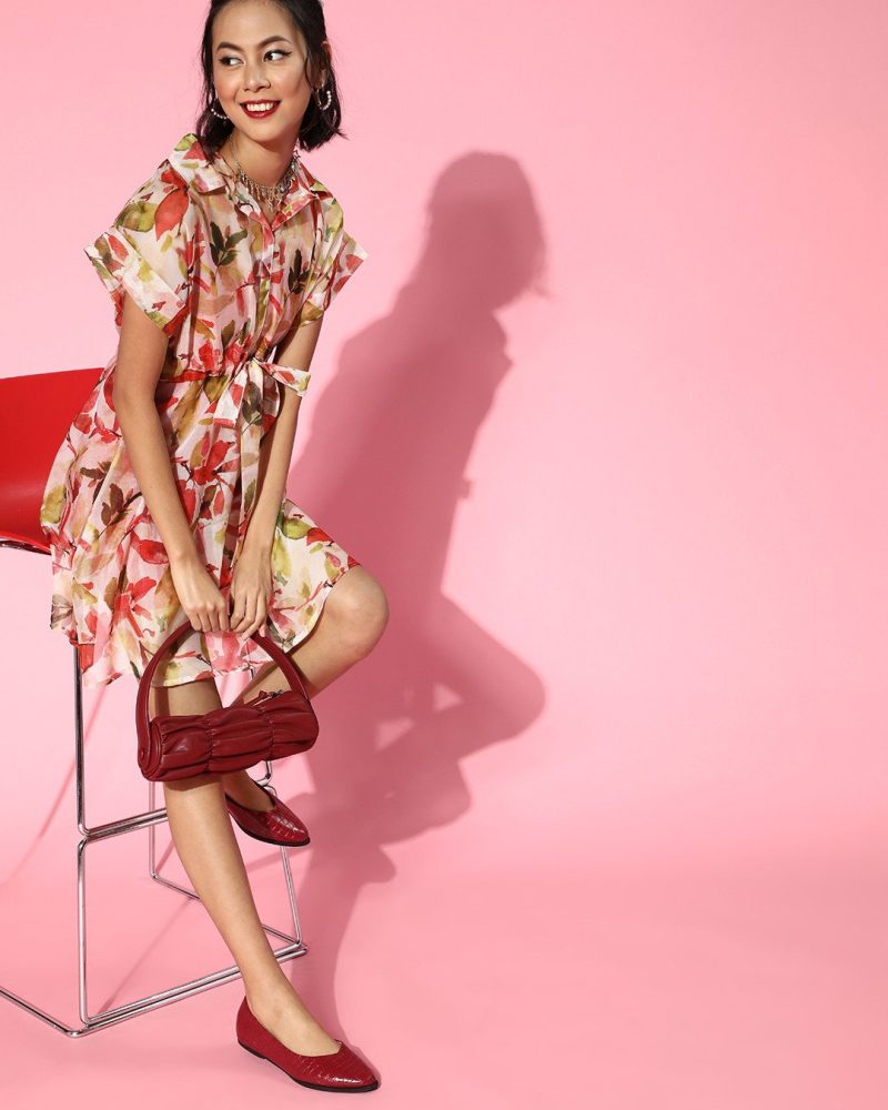 Festive Red Leafy Printed Shirt Dress