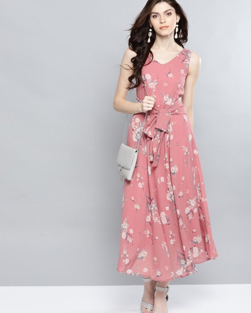 Festive Premium Pink Floral Georgette Maxi Dress
