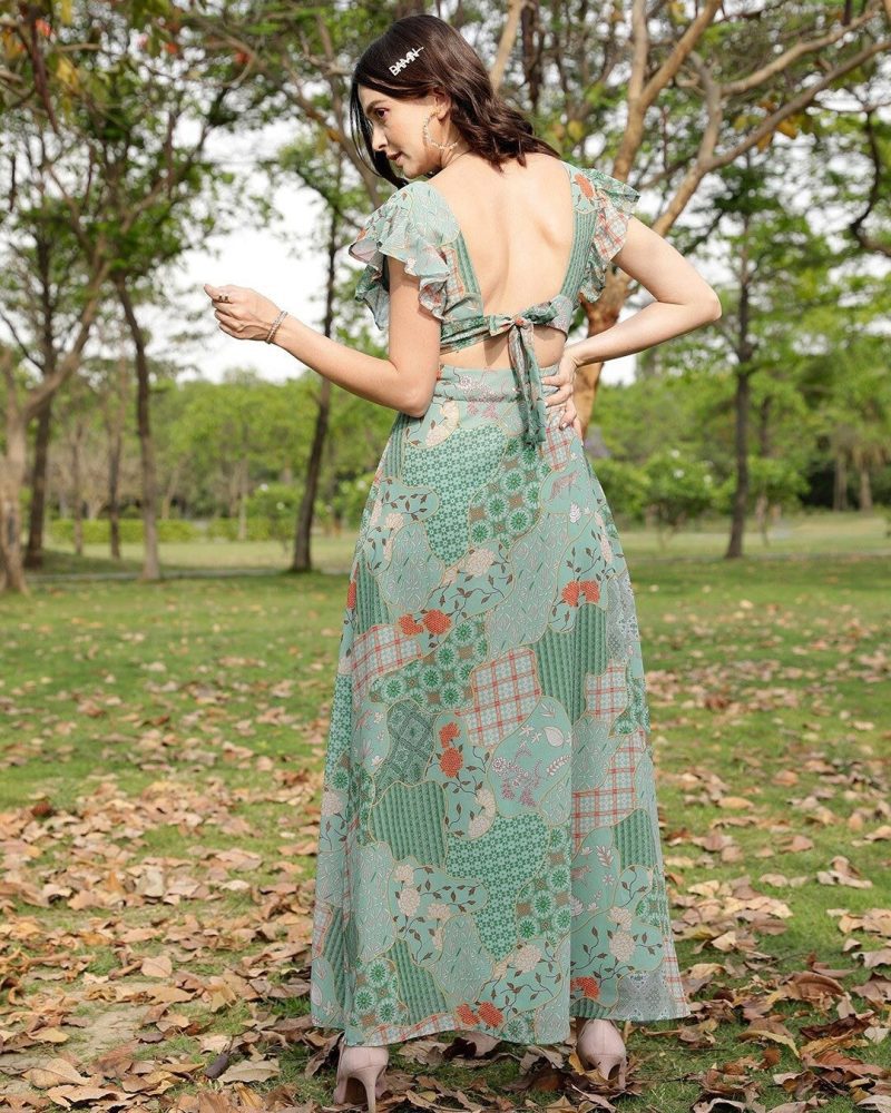 Festive green floral Flutter Sleeves Maxi dress
