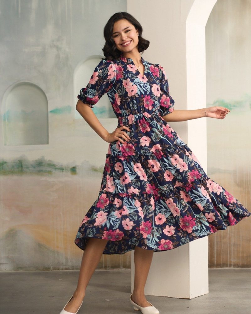 Vibrant Navy Blue and Pink Floral Midi Dress
