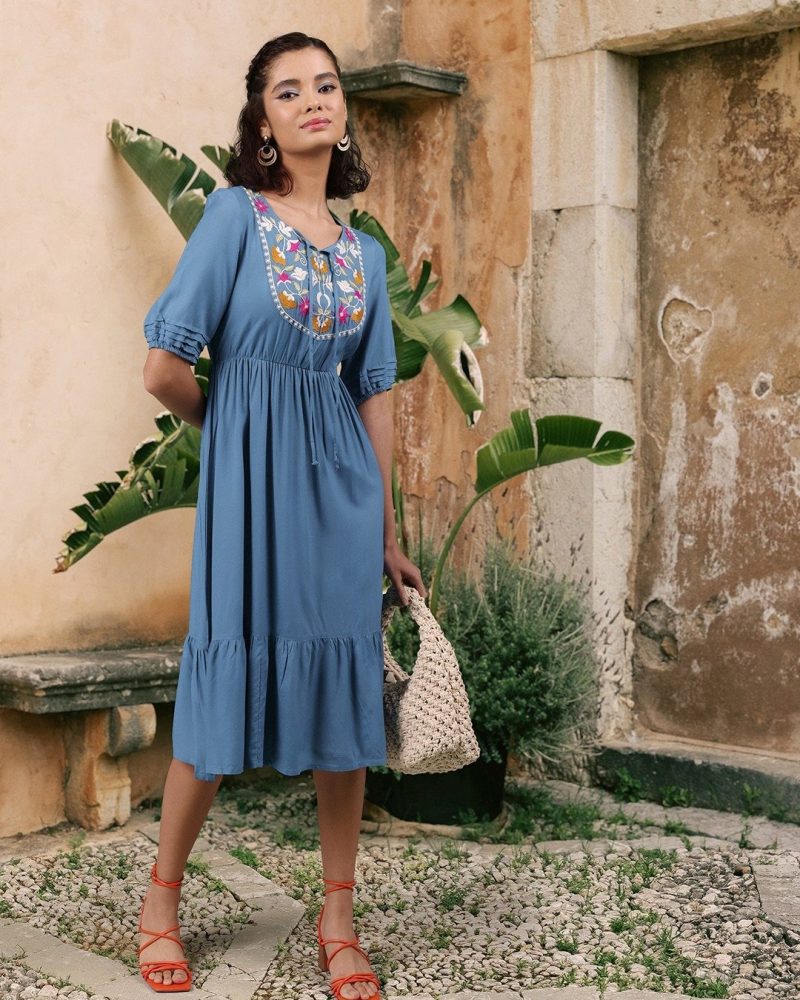 Stunning Blue Cotton Embroidered Tiered Dress