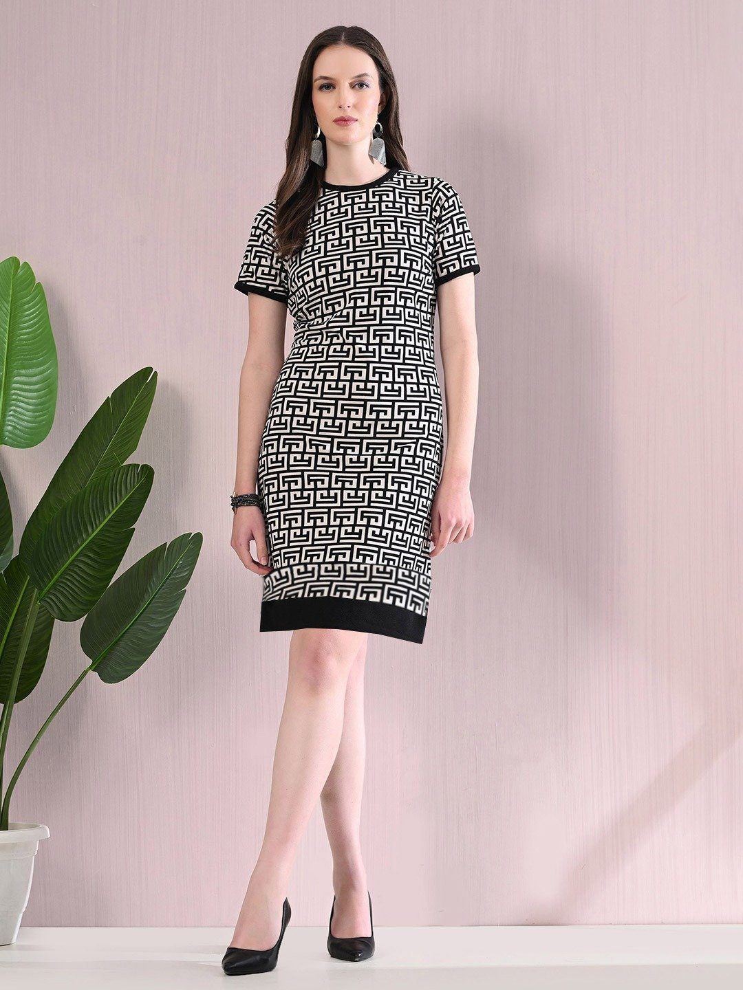 Premium Black and White Greek Key Print Corporate Dress - Image 3