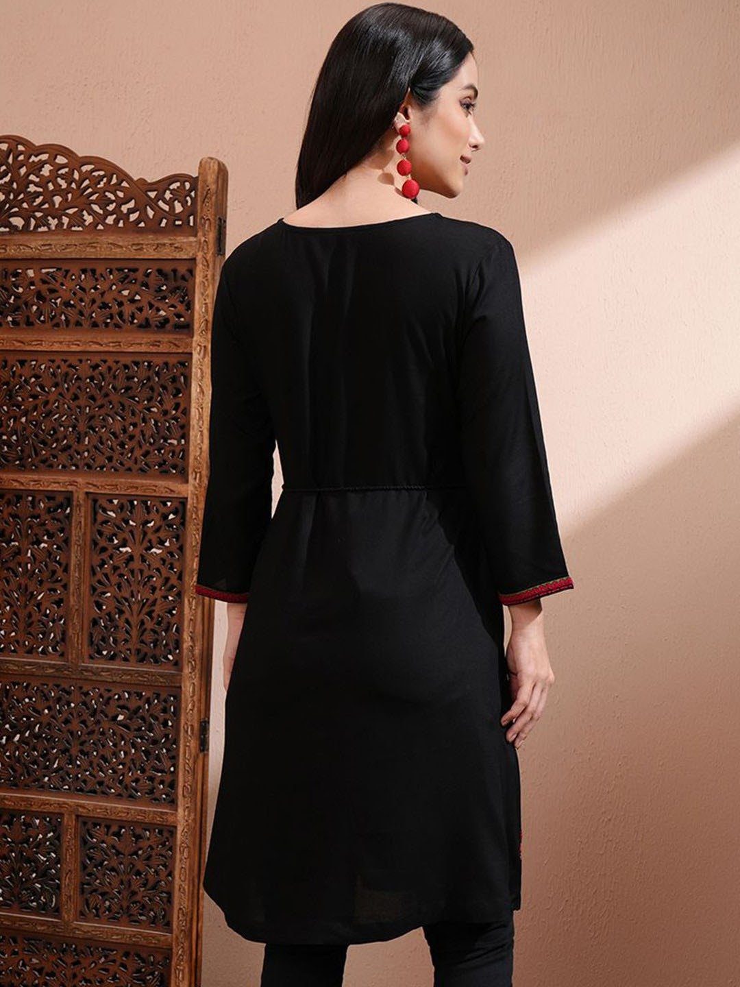 Stylish Black and Red Cotton Embroidered Tunic - Image 6