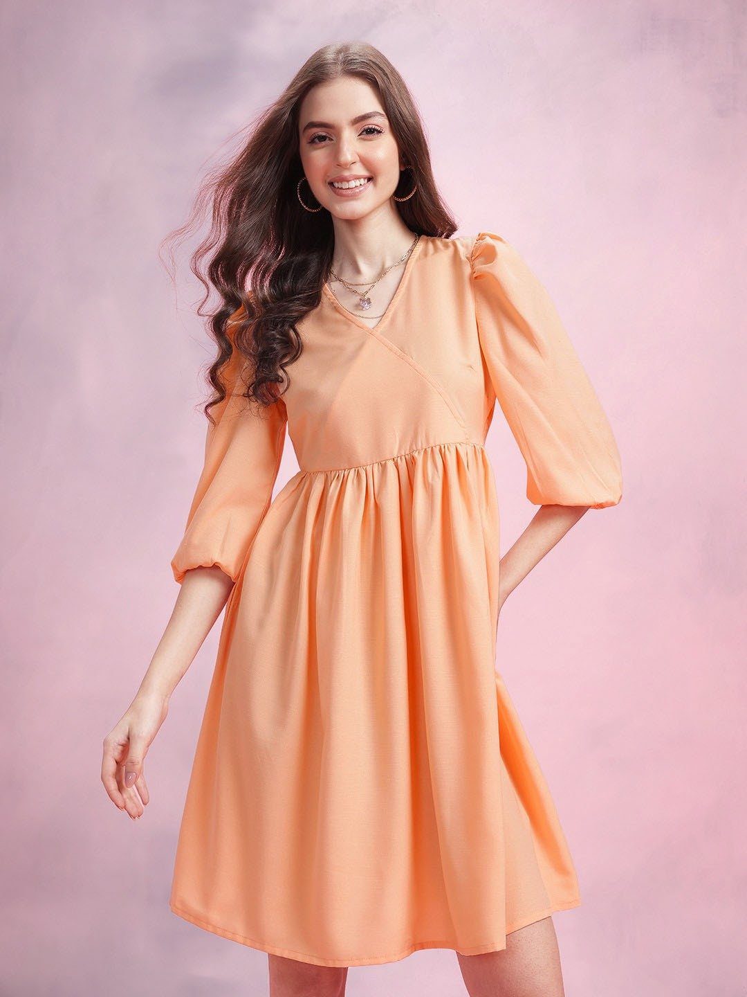 Peach Cotton Fit and Flare Puff Sleeve Dress - Image 3