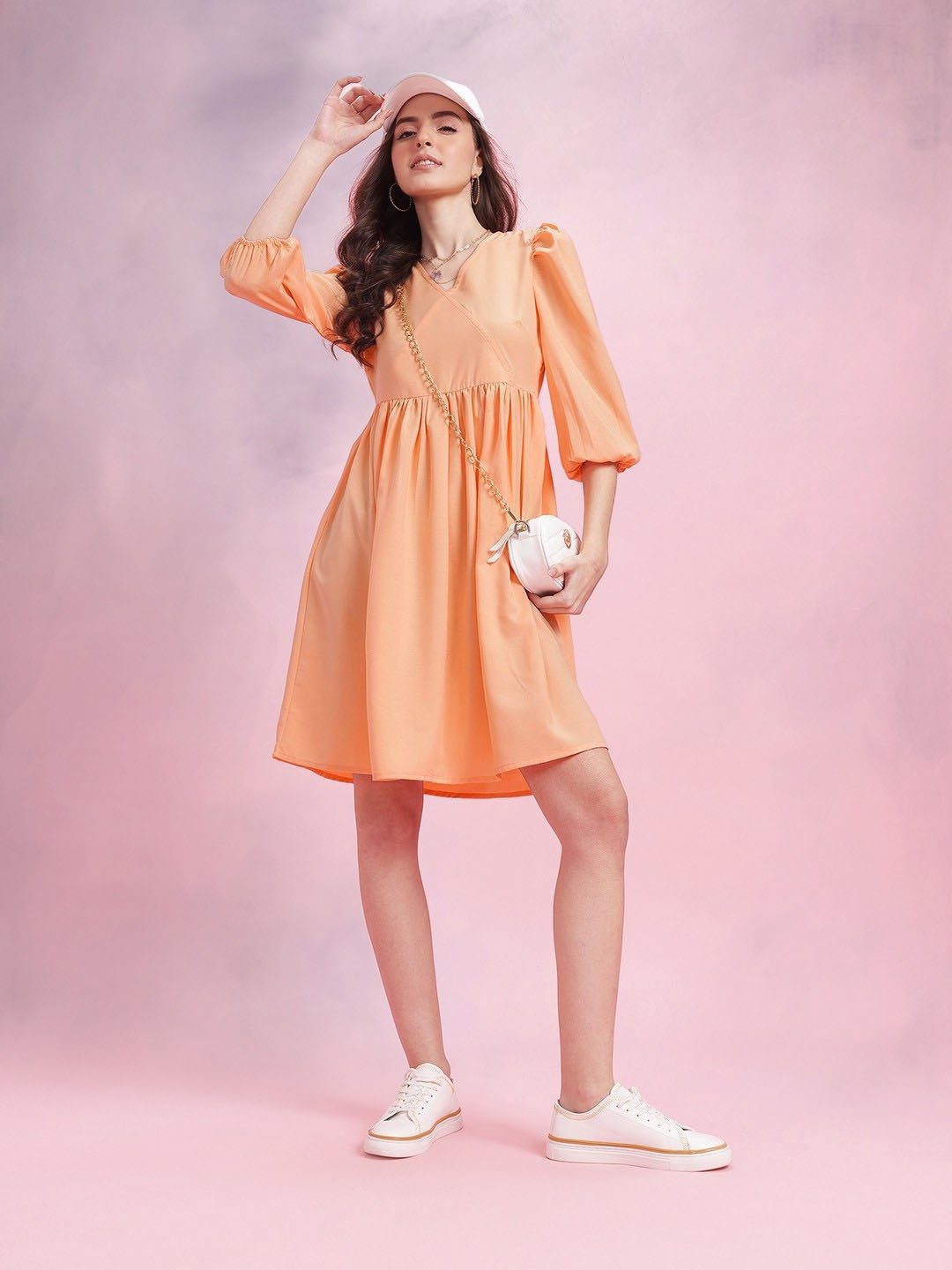 Peach Cotton Fit and Flare Puff Sleeve Dress