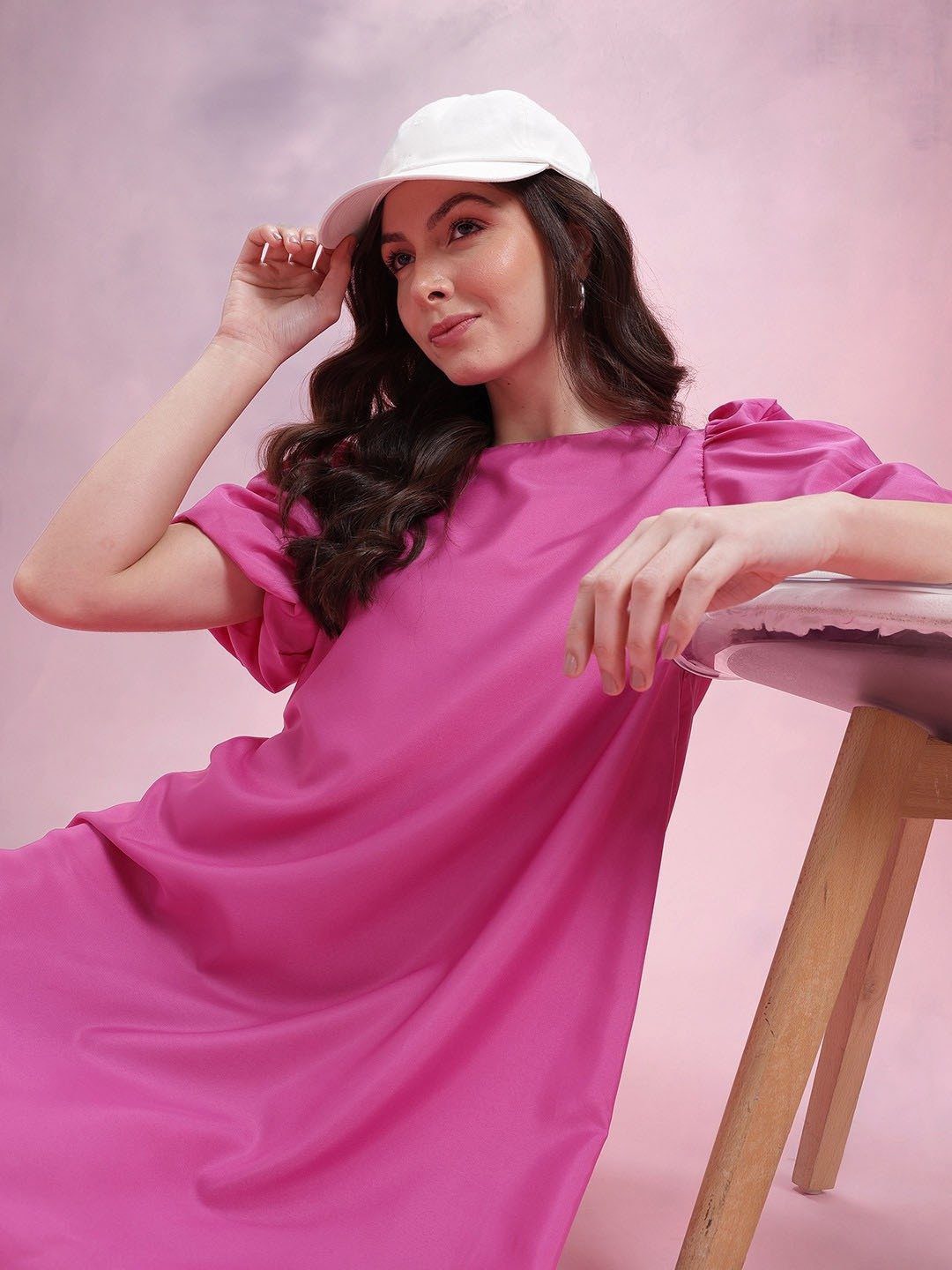 Hot Pink Puffy Sleeves A Line Dress