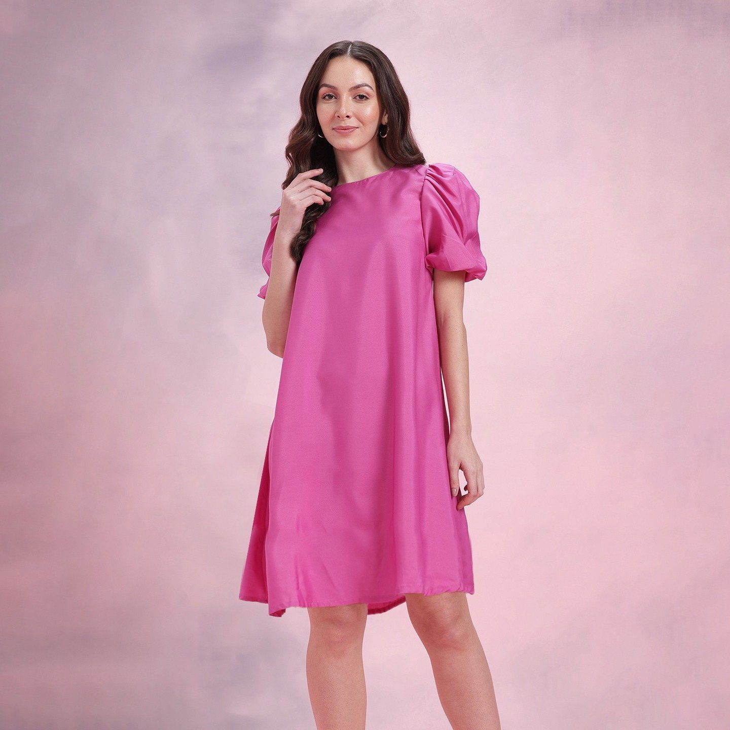 Hot Pink Puffy Sleeves A Line Dress - Image 4