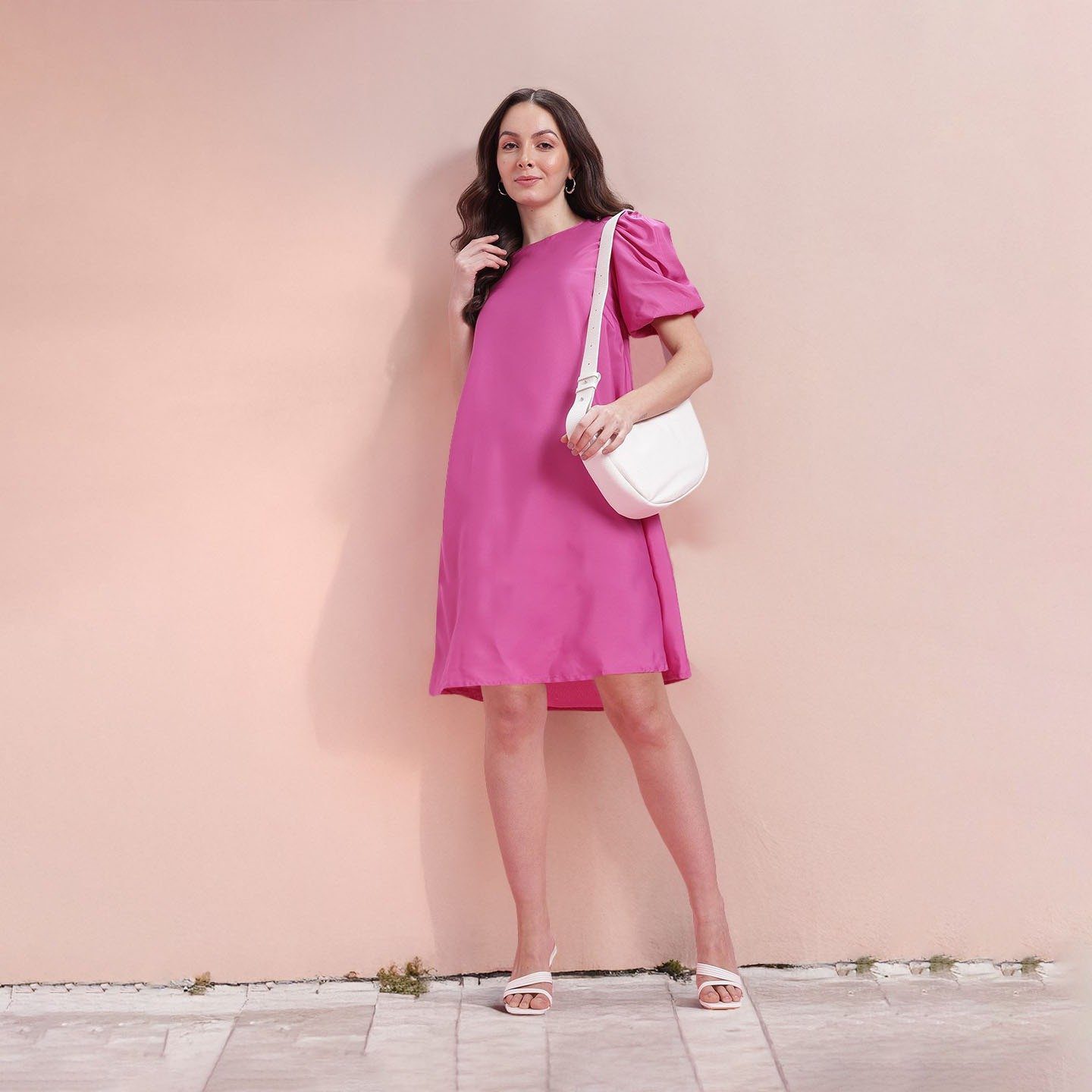 Hot Pink Puffy Sleeves A Line Dress - Image 2