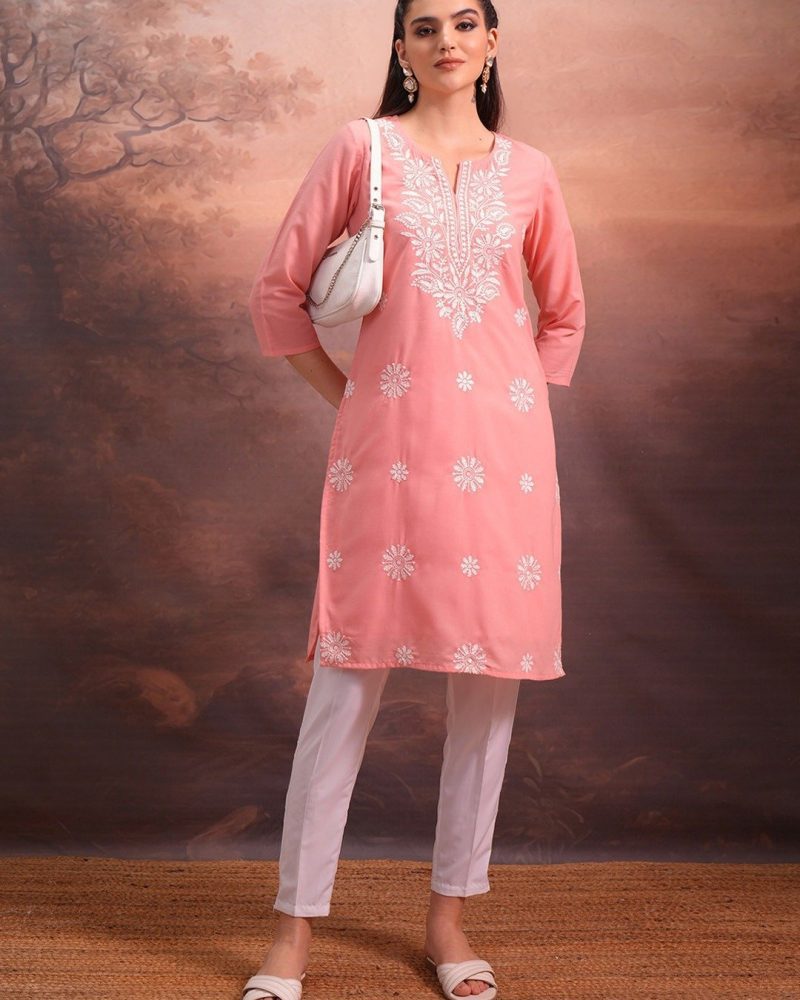 Light Salmon Pure Cotton Refined Embroidered Kurta