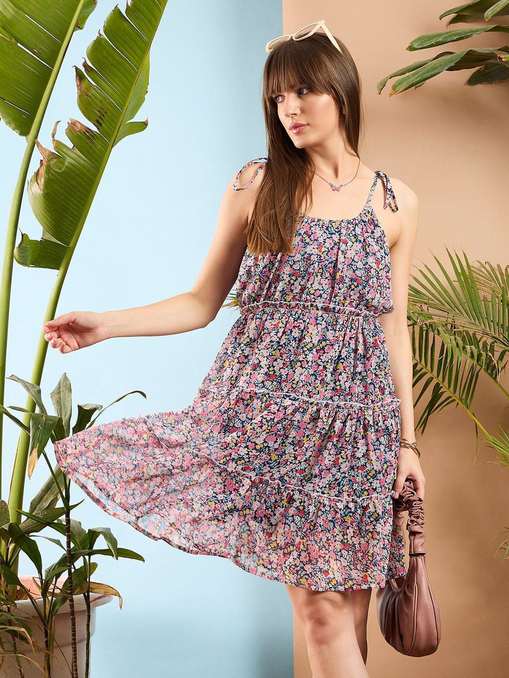 FESTIVE COLLECTION Navy Ditsy Floral Strappy Georgette Dress - Image 2
