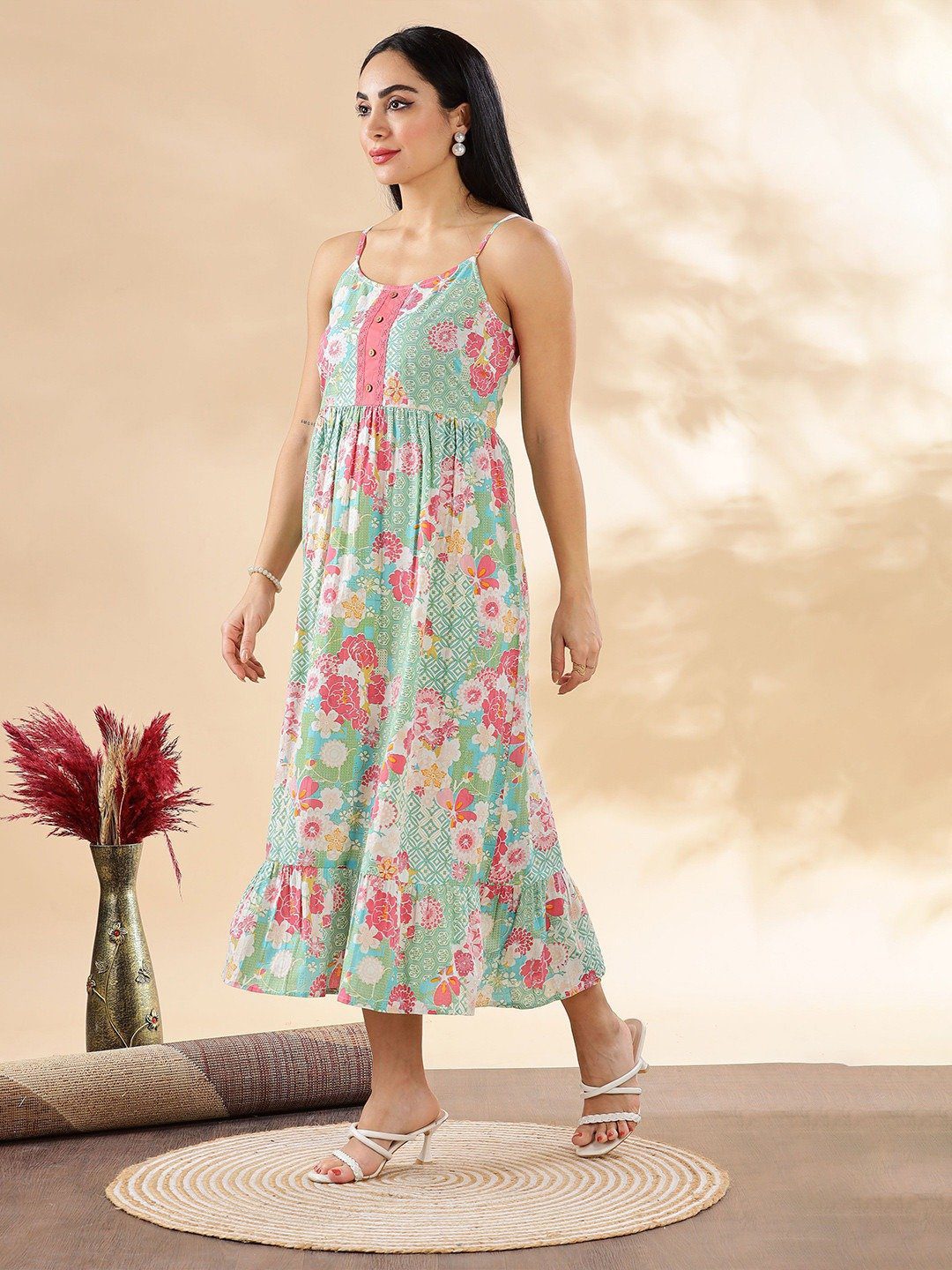 FESTIVE COLLECTION Green and Pink Summer Floral Cotton Dress - Image 2