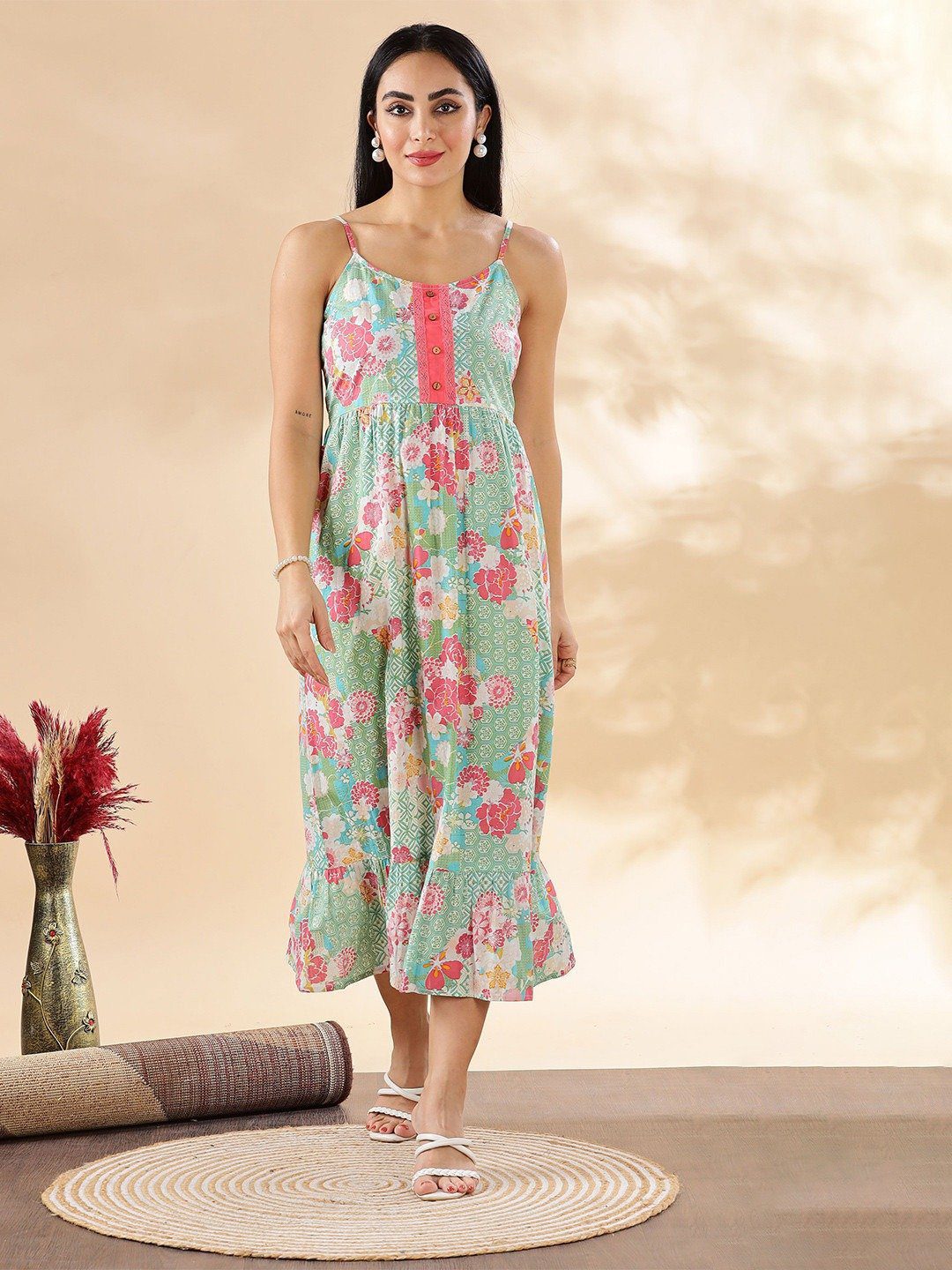 FESTIVE COLLECTION Green and Pink Summer Floral Cotton Dress - Image 7
