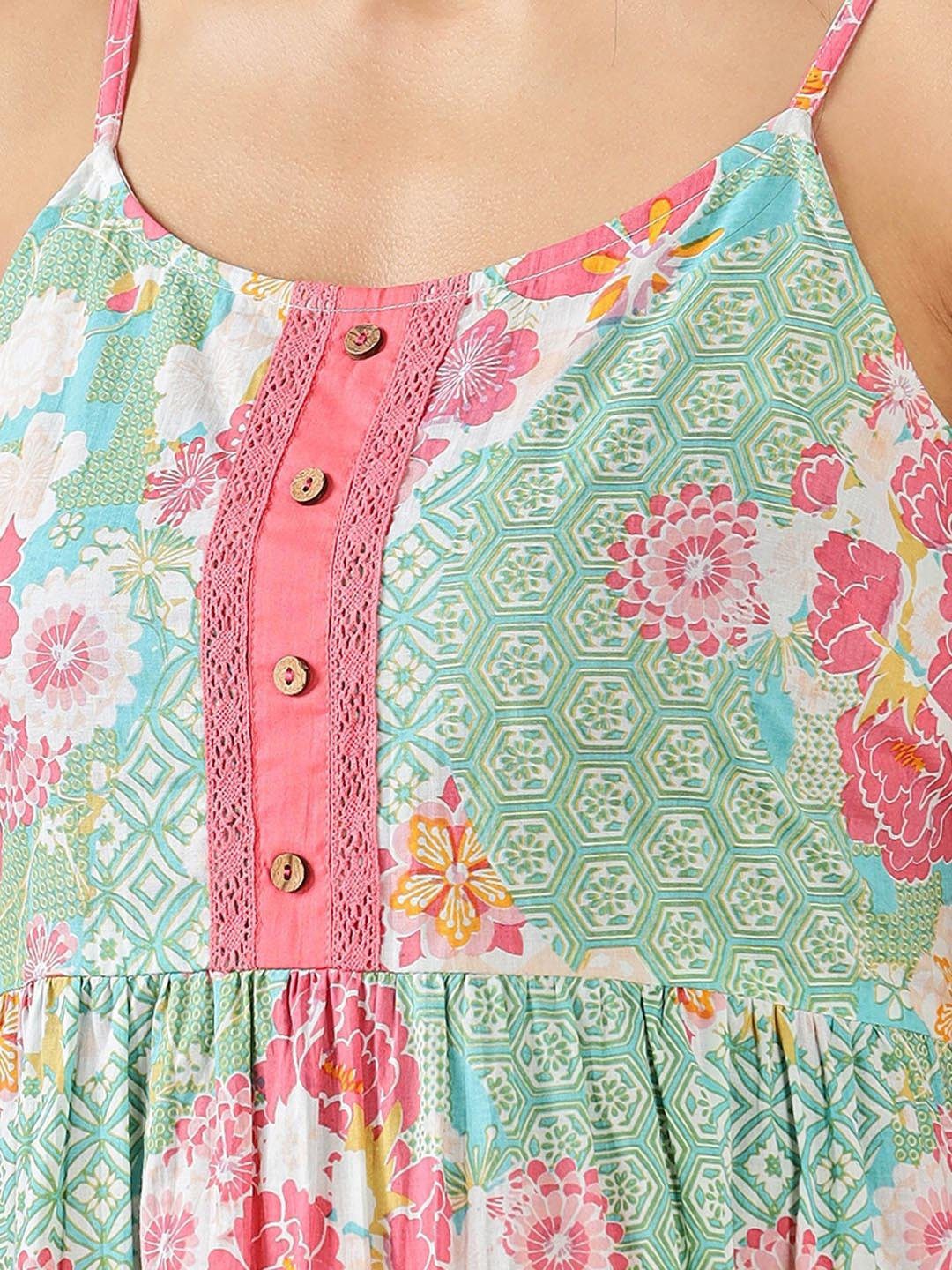 FESTIVE COLLECTION Green and Pink Summer Floral Cotton Dress - Image 3