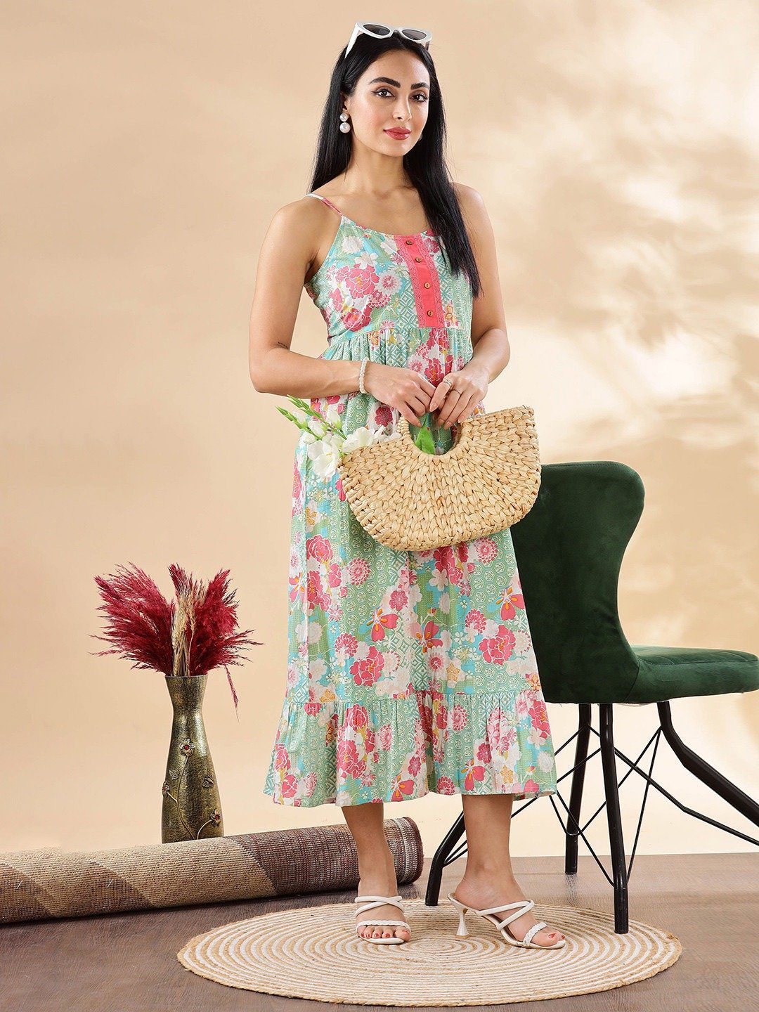 FESTIVE COLLECTION Green and Pink Summer Floral Cotton Dress