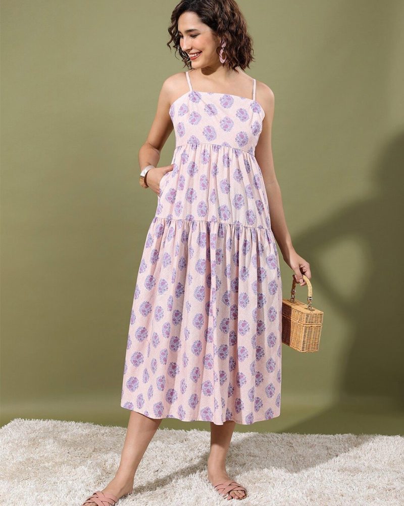 Summer Light Pink Cotton Strappy Midi Dress