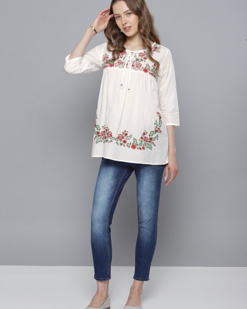 Offwhite and Red Printed Pure Cotton Top