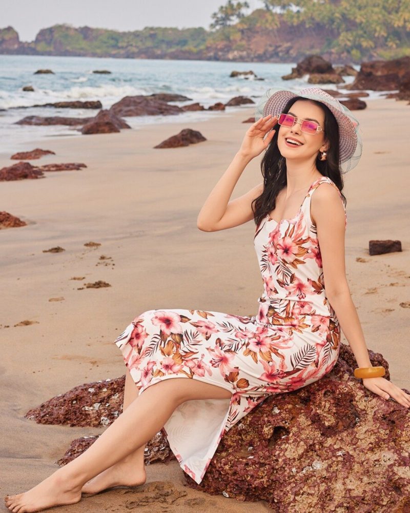 Festive Cream and Red Floral Tropical Dress