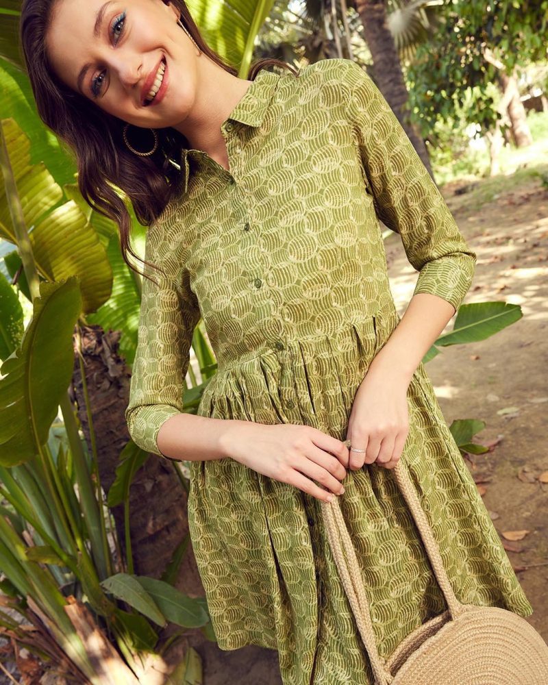 Premium Olive Green Cotton Fit and Flared Dress