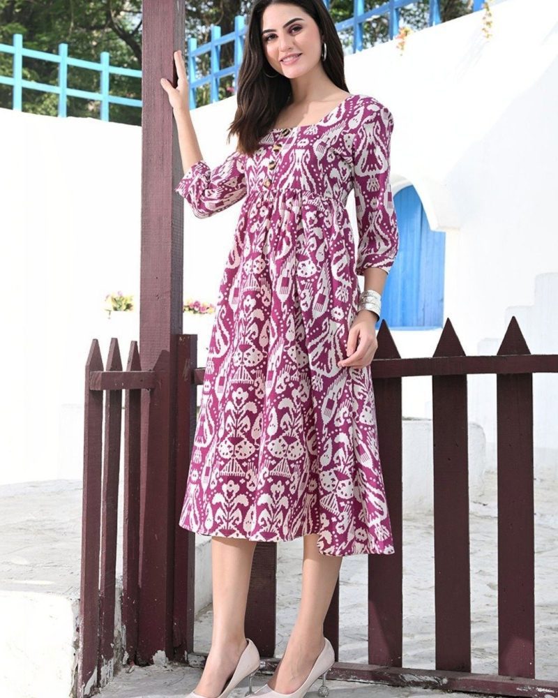 Refined Magenta and White Ikat Printed Midi Dress