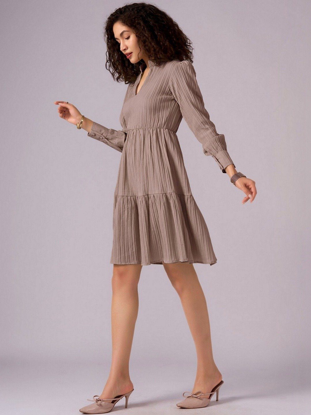 Chic Light Brown Textured Fit and Flared Dress - Image 6
