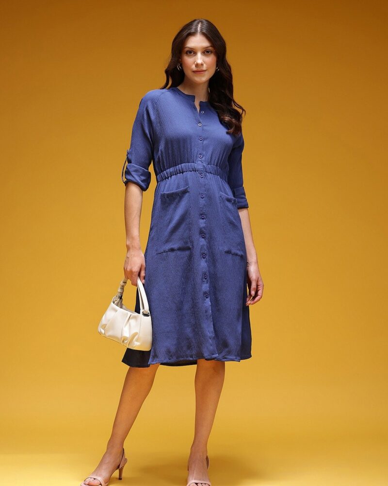 Navy Crinkled Style Shirt Dress