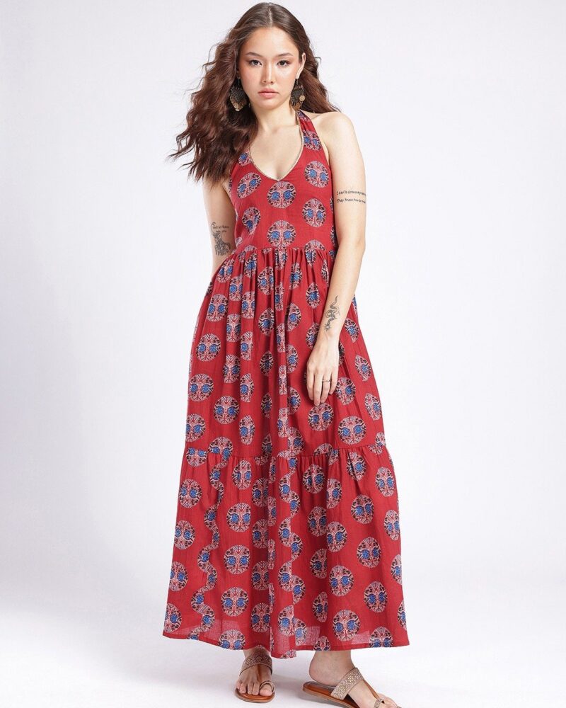 Red Ethnic Motif Maxi Cotton Dress