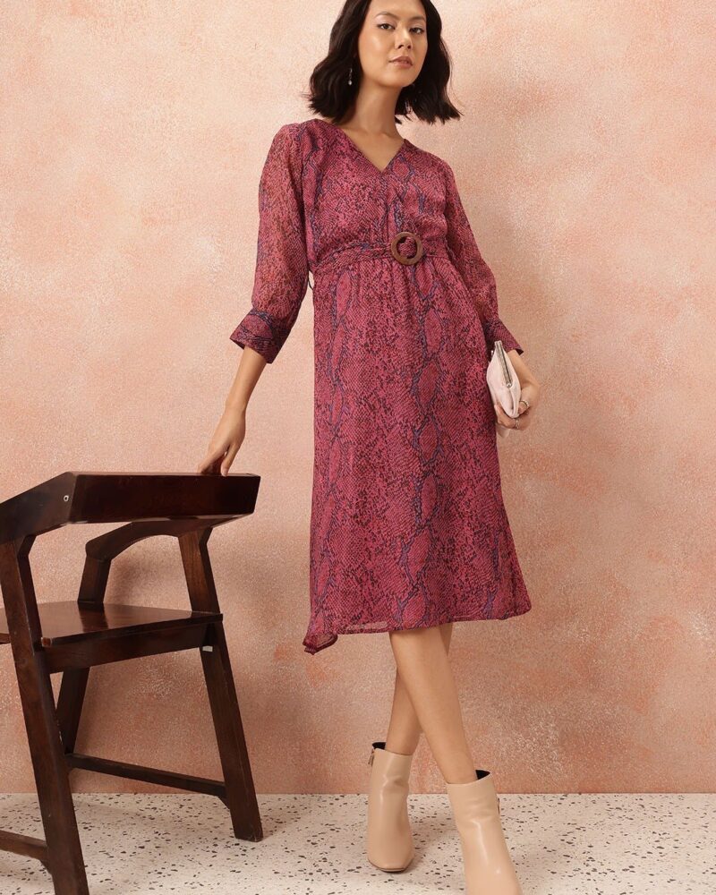 Premium Reddish Georgette Faux Wrap Belted Dress