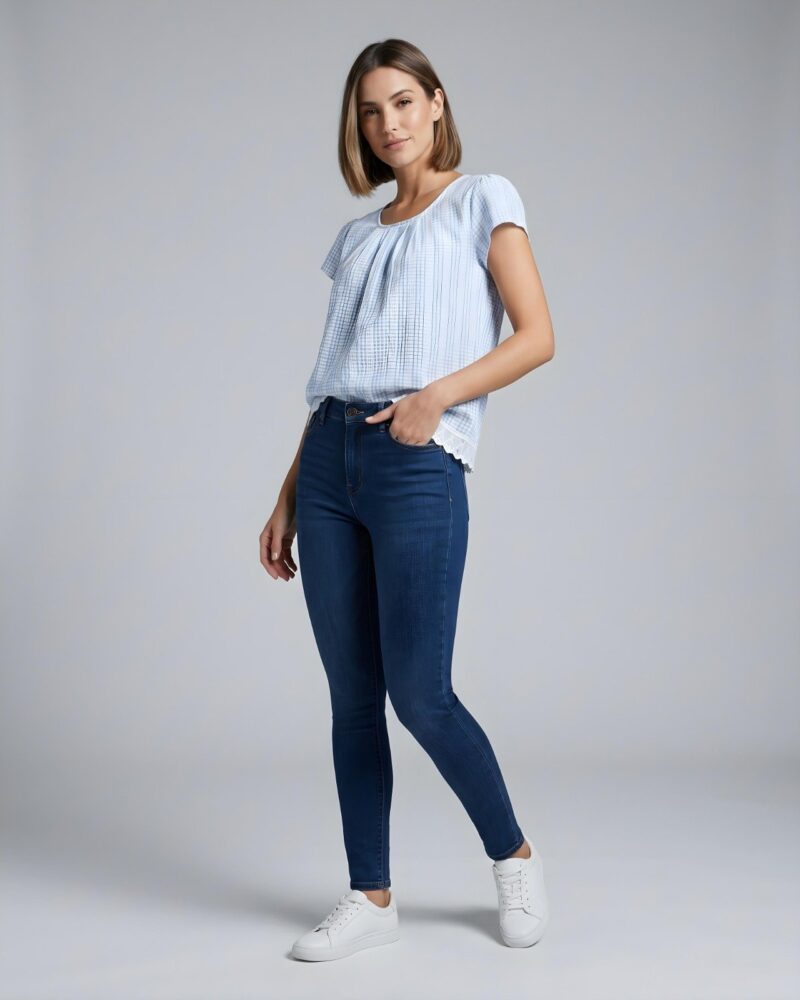 Light Blue and White Gingham Check Cotton Top