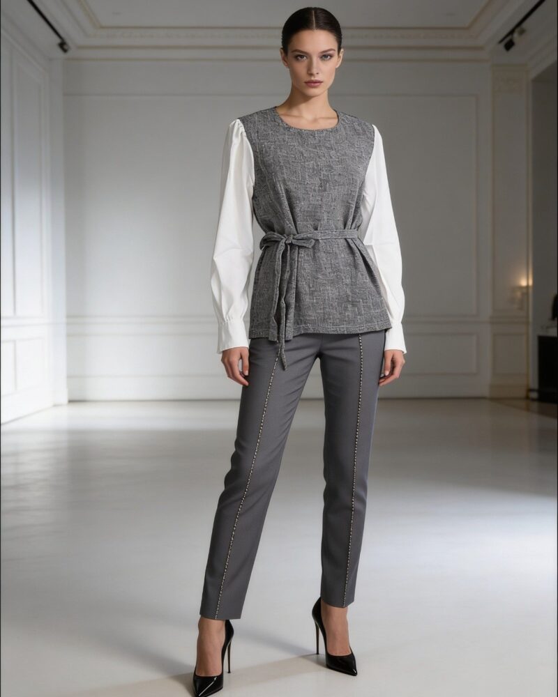 Korean Style Spliced Shirt Tweed Style Vest with White Sleeves