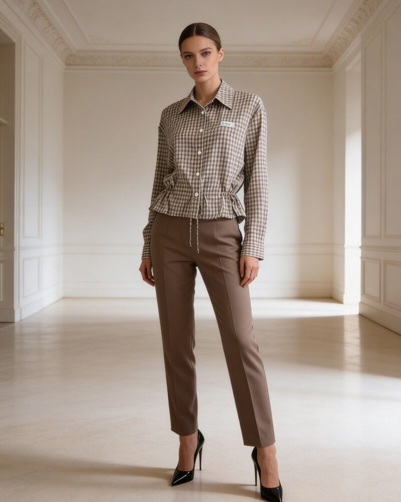 Beige and Brown Waist Drawcord Shirt