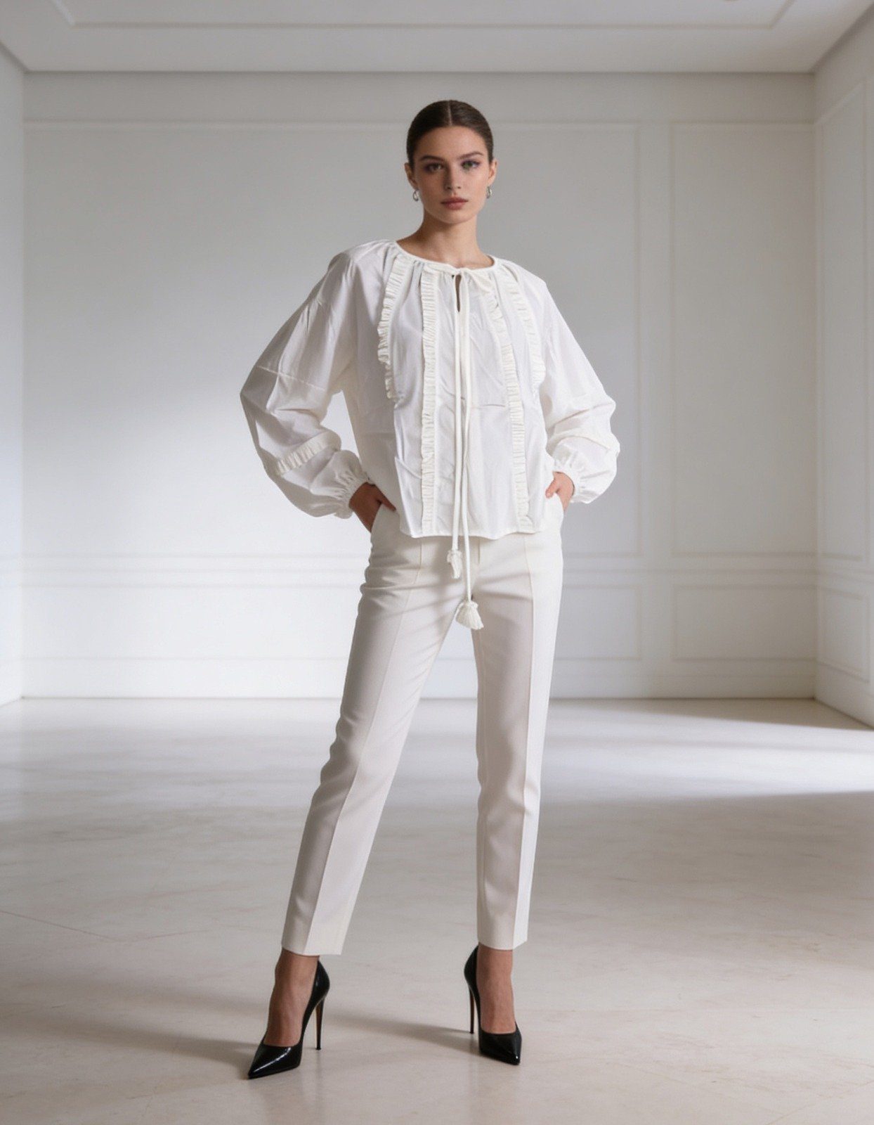 White Cotton Bohemian Volume Long Sleeves Top