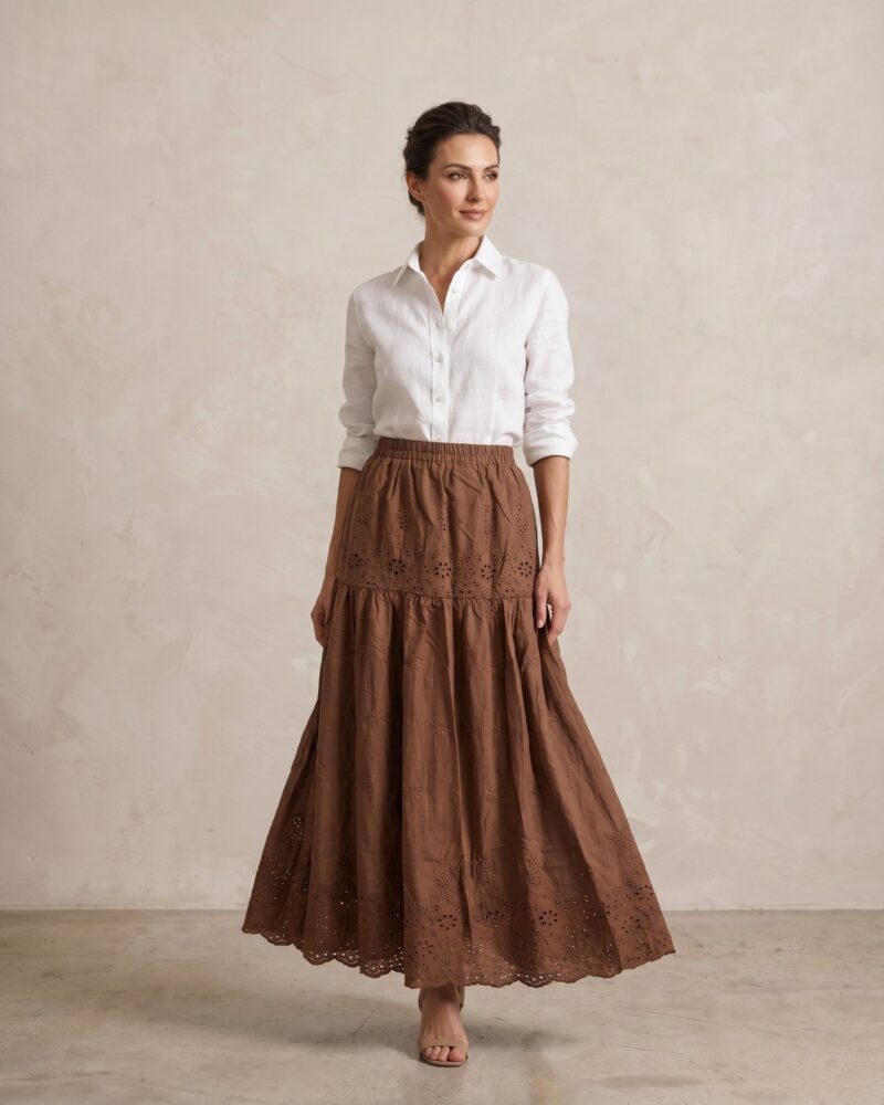 Boho Style Cotton English Embroidered Tiered Skirt