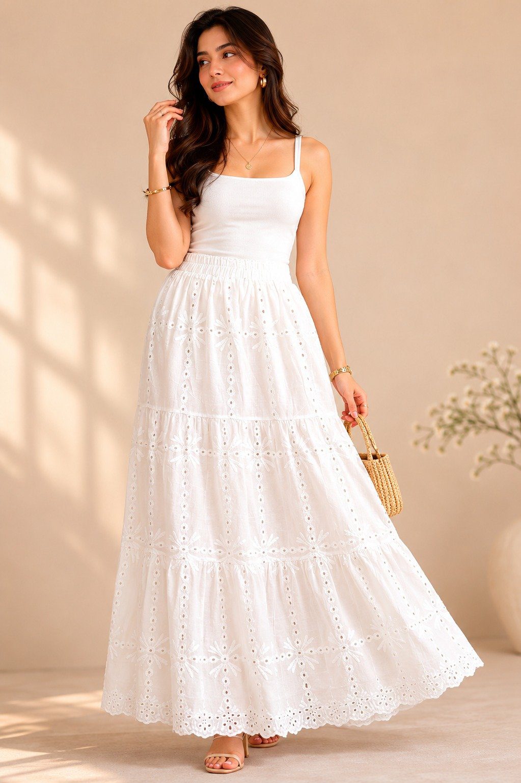 Premium White Cotton Embroidered Skirt - Image 2
