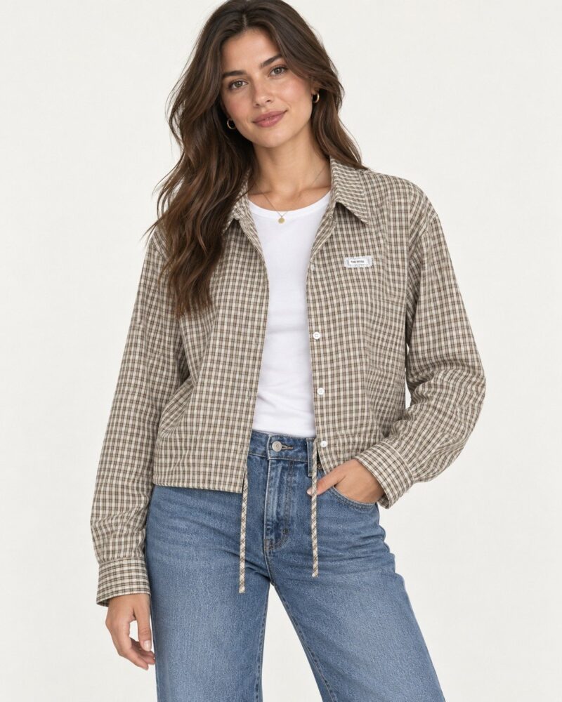 Beige and Brown Waist Drawcord Shirt