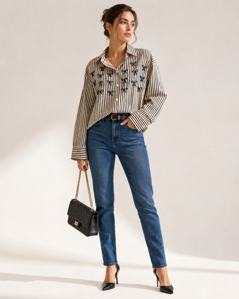 Striped Cotton Blend Bow Embroidered Shirt