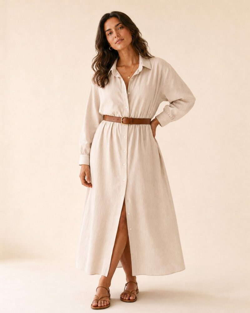 Trending Oversized Maxi Fine Striped Cotton Shirt Dress