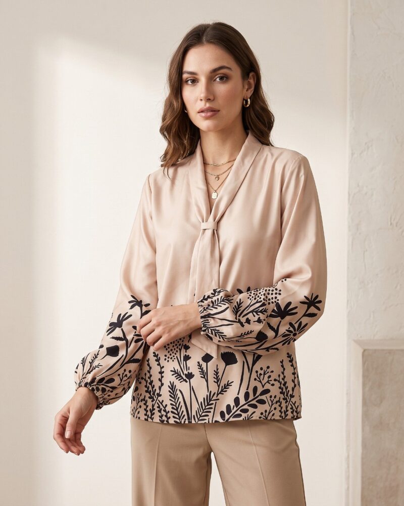 Sublime Satin Tie Neck Detail with Botanical Prints Top