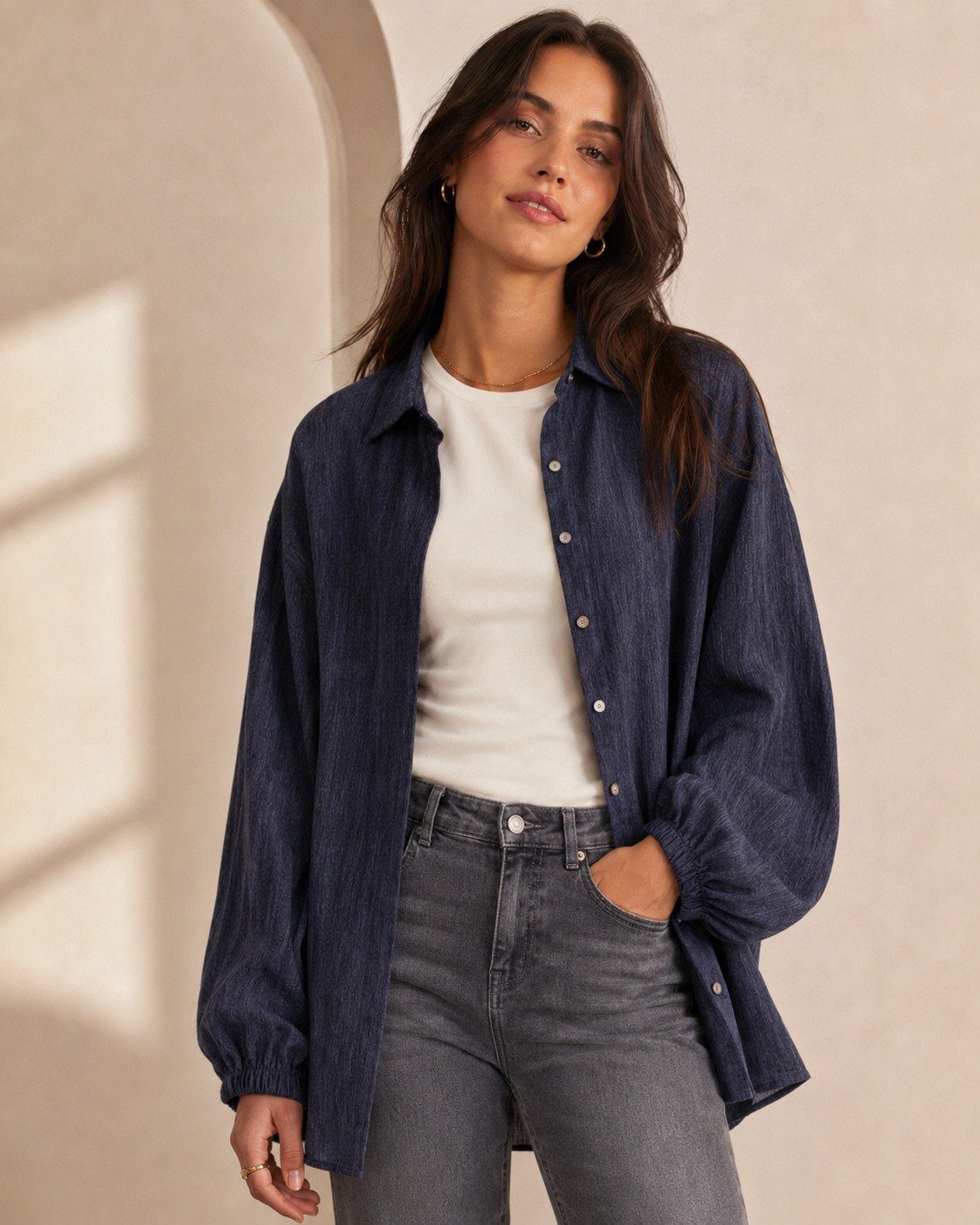 Textured Oversize Satin Long Shirt - Image 2