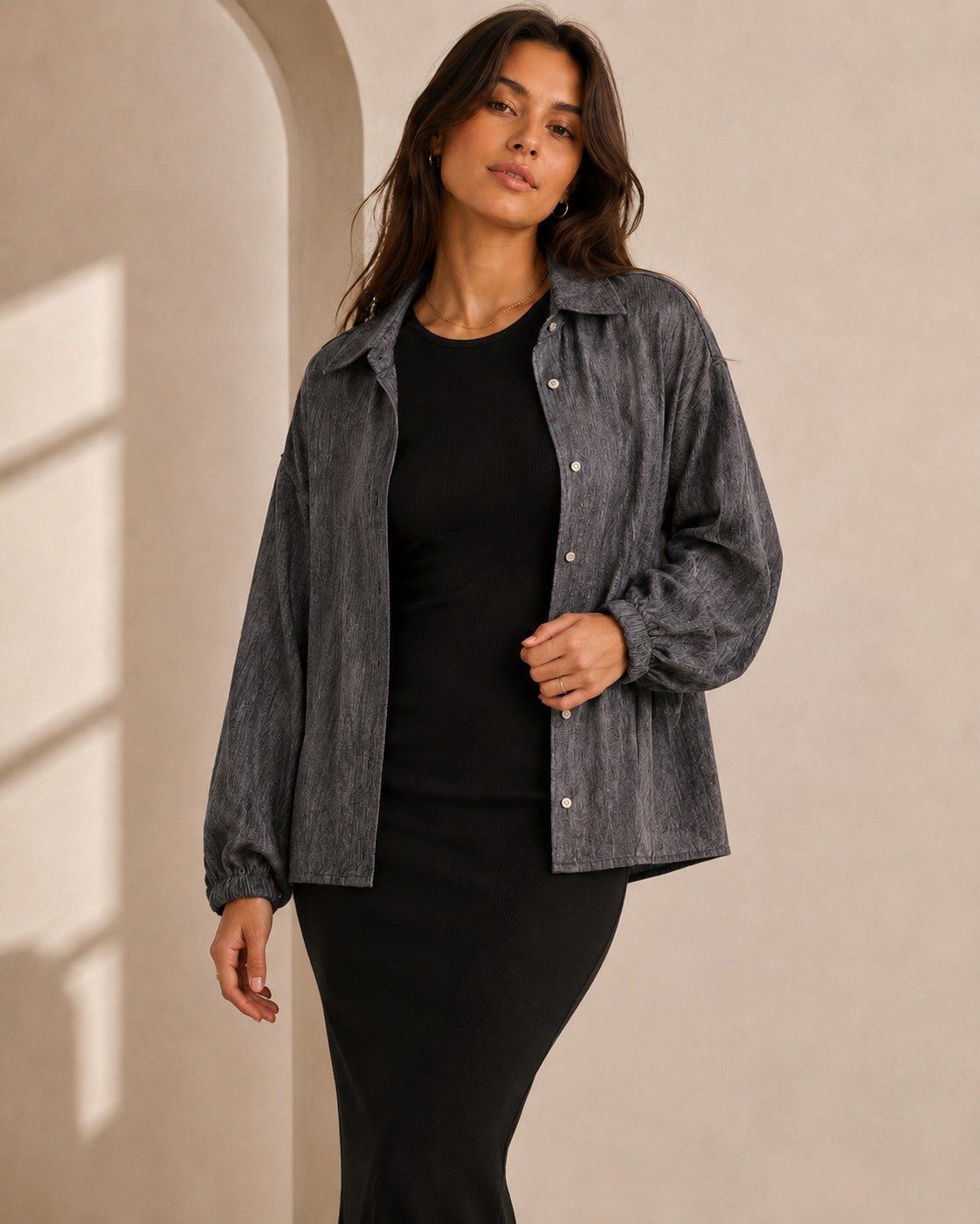 Textured Oversize Satin Long Shirt - Image 3