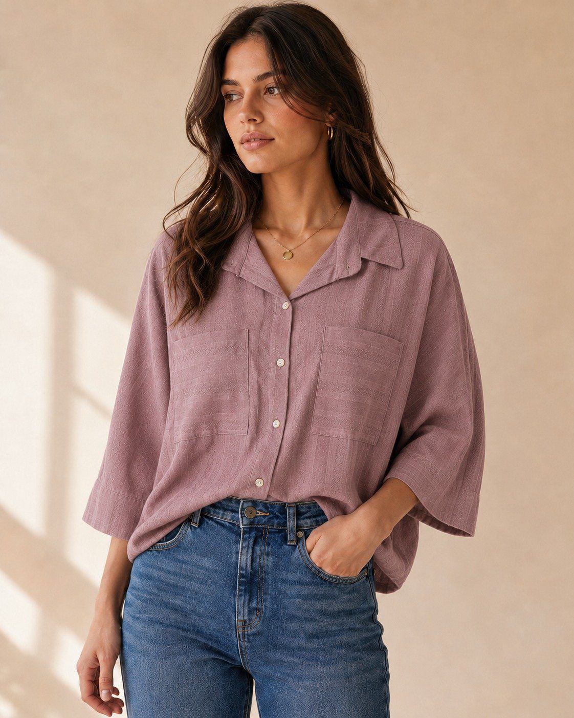 Korean Stylish Textured Cotton Batwing Shirt - Image 2