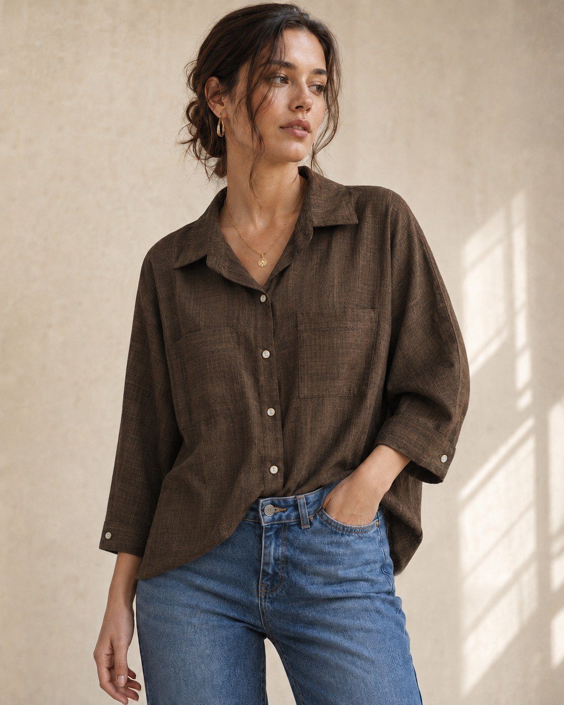 Korean Stylish Textured Cotton Batwing Shirt - Image 3